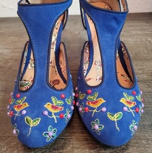 Miss L Fire Blue Embroidered Bird T-Strap Heels